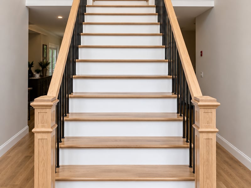 Straight flight of stairs with white oak treads, white risers, black iron balusters and square oak newel posts